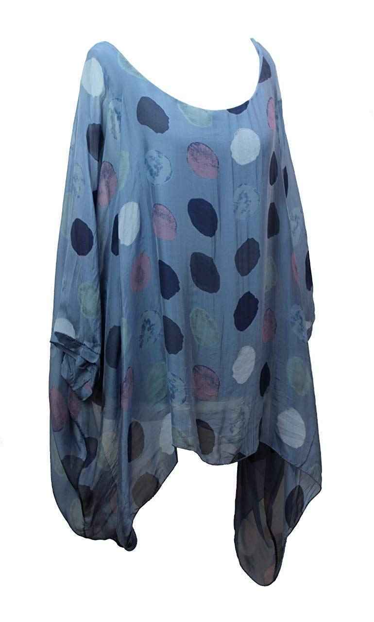 BZNA Seiden Tunika Blau Bluse mit Punkten pünktchen Muster Seidentunika Fledermaus Ärmel 38 40 42 44 46 one size Damen Dress Oberteil elegant