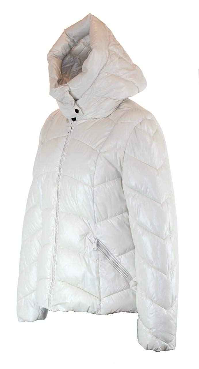 BZNA Weiß glänzend warm Größe: M/L Damen Kragen Kapuzenjacke gefüttert Winterjacke Parka Steppjacke mit Kapuze warm & Winddicht