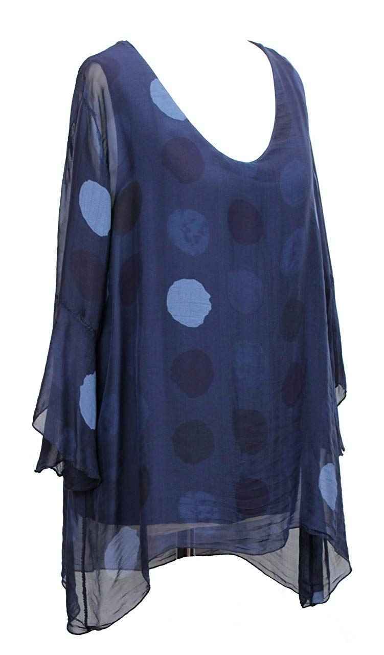 BZNA Seiden Tunika Dunkelblau Blau Bluse mit Punkten pünktchen Muster Seidentunika Trompeten Ärmel 36 40 42 one size Damen Dress Oberteil elegant