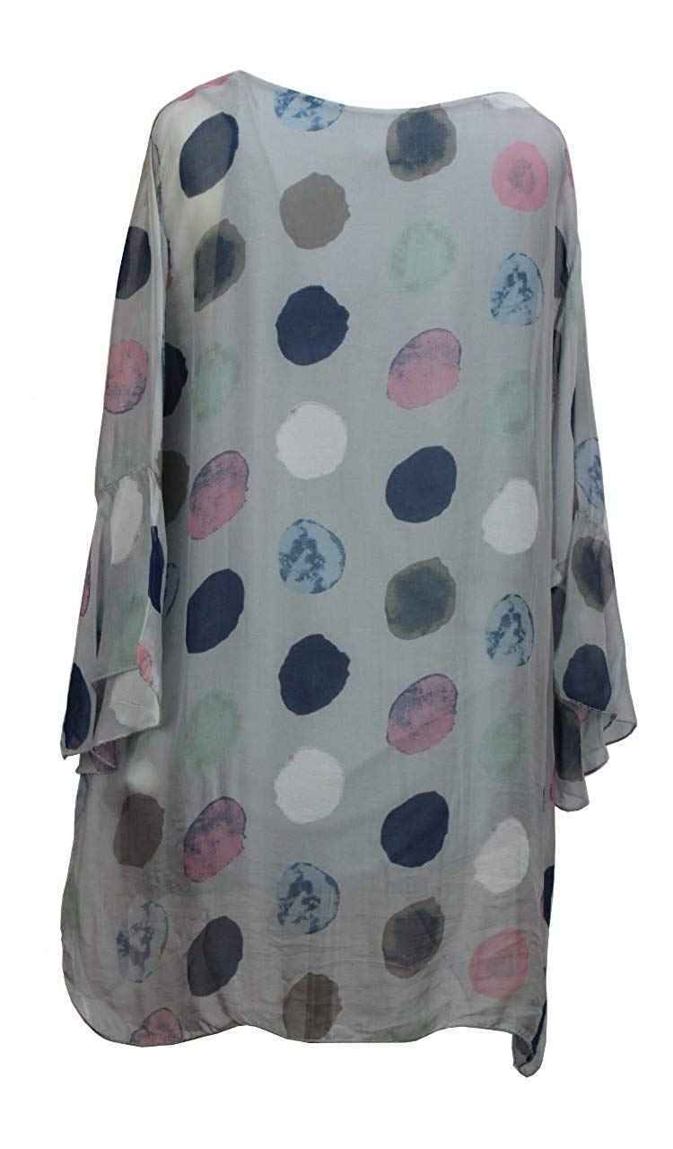 BZNA Seiden Tunika Hellgrau Grau Bluse mit Punkten pünktchen Muster Seidentunika Trompeten Ärmel 36 40 42 one size Damen Dress Oberteil elegant