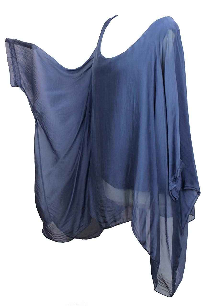 BZNA Seiden Tunika Mittelblau Blau Bluse mit Punkten pünktchen Muster Seidentunika Fledermaus Ärmel 38 40 42 44 one size Damen Dress Oberteil elegant