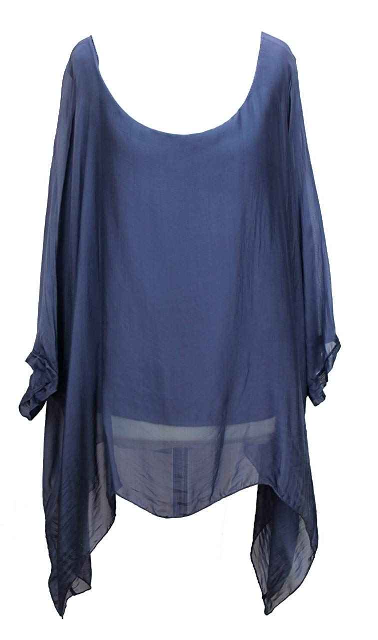 BZNA Seiden Tunika Mittelblau Blau Bluse mit Punkten pünktchen Muster Seidentunika Fledermaus Ärmel 38 40 42 44 one size Damen Dress Oberteil elegant