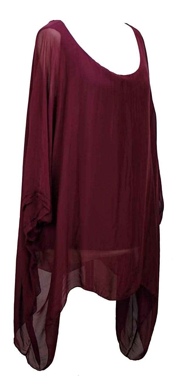 BZNA Seiden Tunika Weinrot Bluse mit Punkten pünktchen Muster Seidentunika Fledermaus Ärmel 38 40 42 44 one size Damen Dress Oberteil elegant