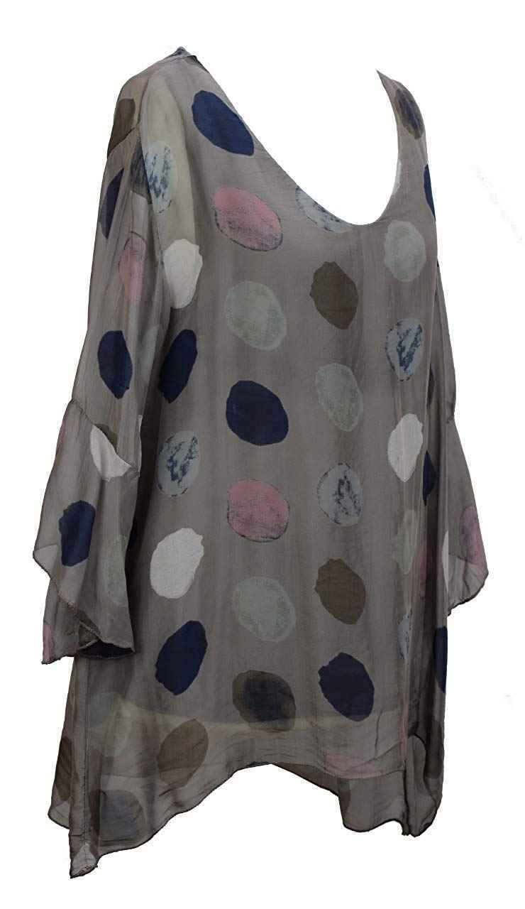 BZNA Seiden Tunika Taupe Bluse mit Punkten pünktchen Muster Seidentunika Trompeten Ärmel 36 40 42 one size Damen Dress Oberteil elegant