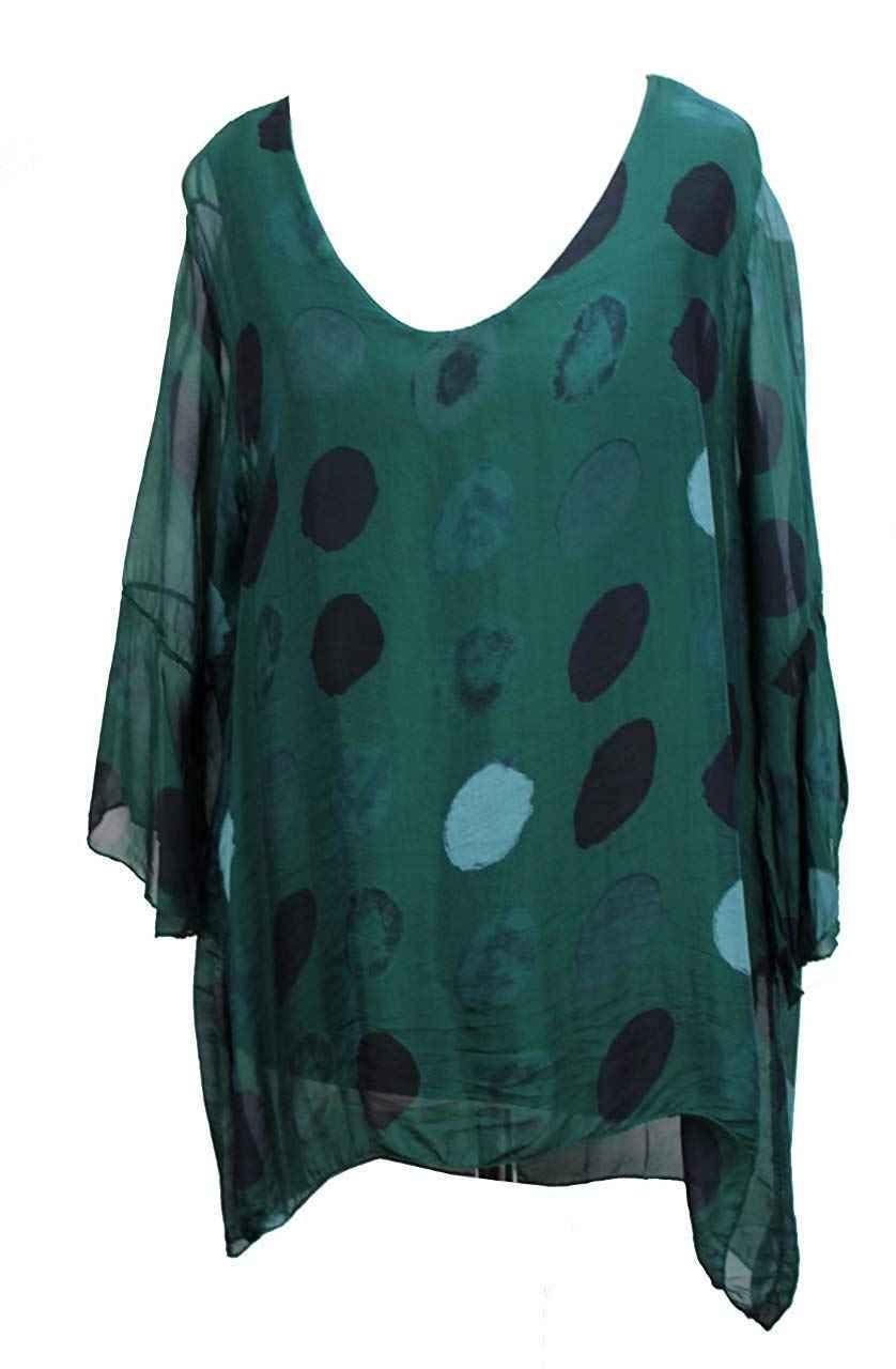 BZNA Seiden Tunika Dunkelgrün Grün Bluse mit Punkten pünktchen Muster Seidentunika Trompeten Ärmel 36 40 42 one size Damen Dress Oberteil elegant