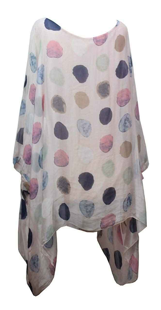 BZNA Seiden Tunika Rosa rose Bluse mit Punkten pünktchen Muster Seidentunika Fledermaus Ärmel 38 40 42 44 46 one size Damen Dress Oberteil elegant