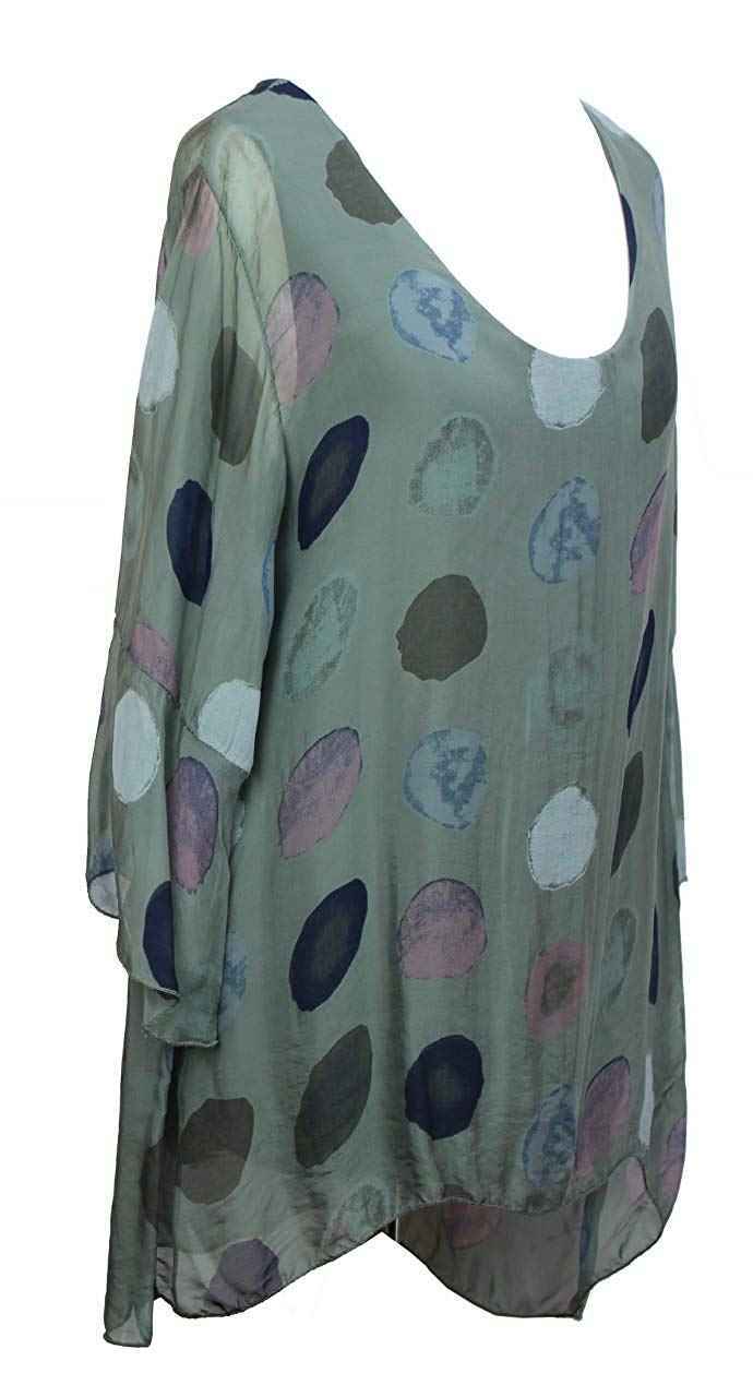 BZNA Seiden Tunika Verde Grün Bluse mit Punkten pünktchen Muster Seidentunika Trompeten Ärmel 36 40 42 one size Damen Dress Oberteil elegant