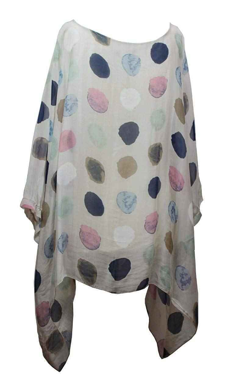 BZNA Seiden Tunika Beige Bluse mit Punkten pünktchen Muster Seidentunika Fledermaus Ärmel 38 40 42 44 46 one size Damen Dress Oberteil elegant