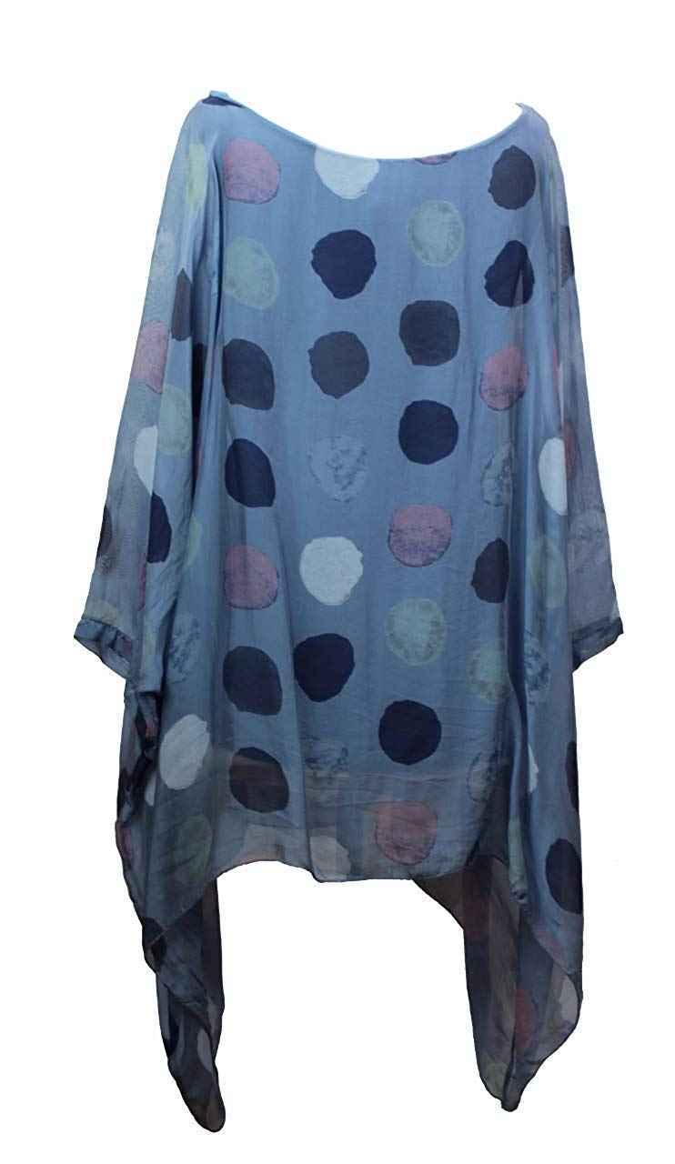 BZNA Seiden Tunika Blau Bluse mit Punkten pünktchen Muster Seidentunika Fledermaus Ärmel 38 40 42 44 46 one size Damen Dress Oberteil elegant