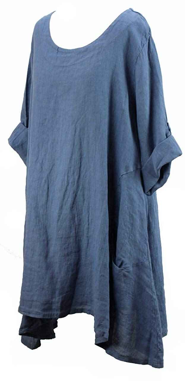 BZNA Leinen Tunika Jeans Blau Bluse Leinentunika Shirt 40 42 44 46 48 one size Damen Dress Oberteil elegant