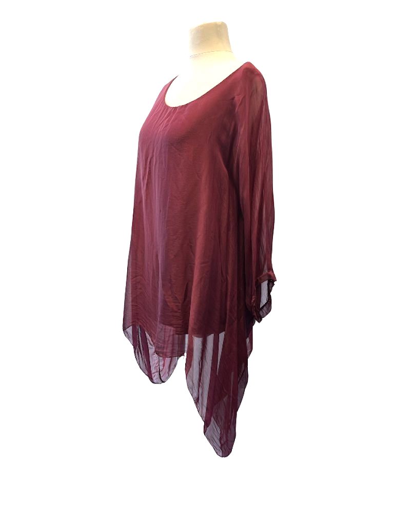 BZNA Seidenbluse Karminrot Tunika Seidentunika Seidenchiffonbluse Fledermaus Ärmel oneSize