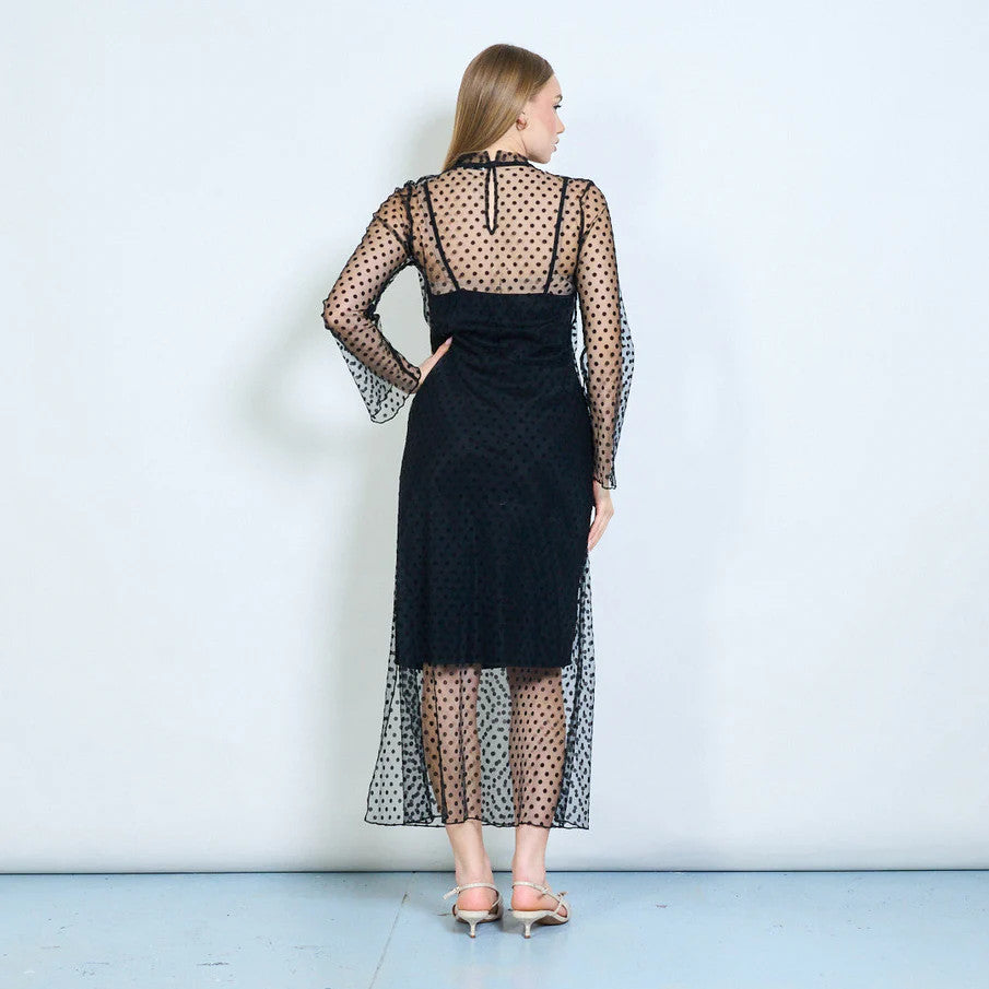 BZNA Kleid Langes Kleid aus durchsichtigem mehrlagigem Netzstoff mit Polka Dots