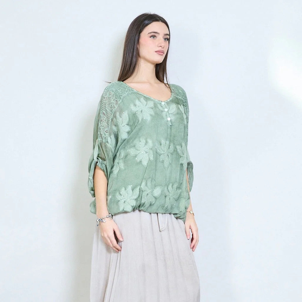BZNA Bluse Tunika mit Seide Blumen bestickte Bluse und Spitze