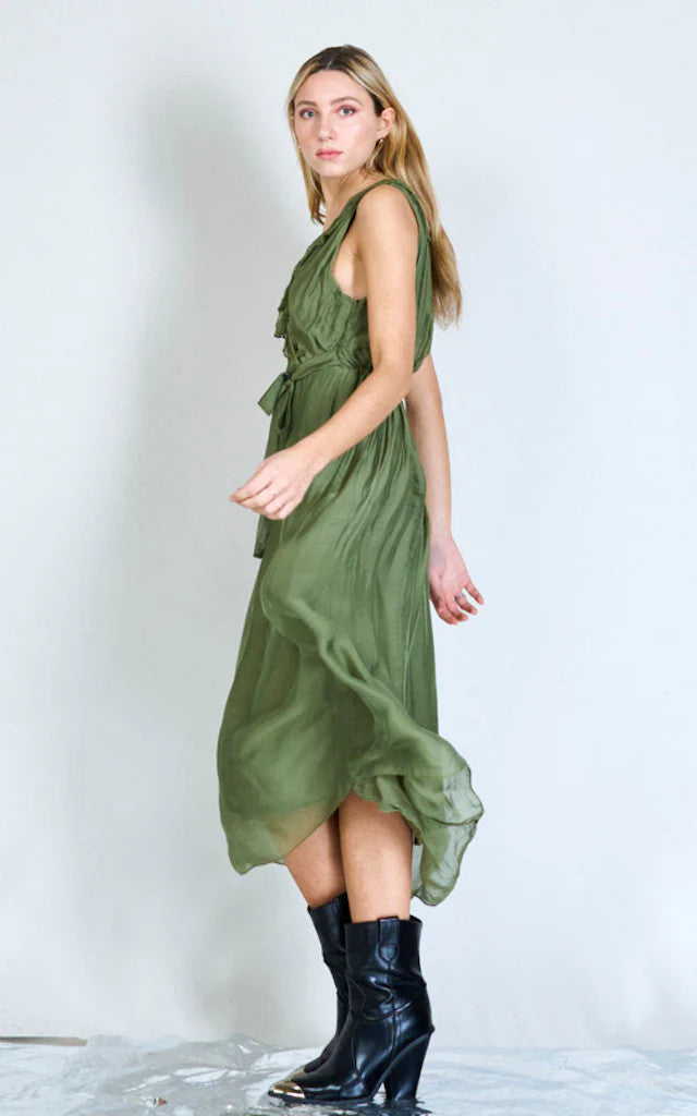 BZNA Ibiza Kleid Grün Seidenchiffon langes Kleid mit Rüschen Seidenkleid oneSize