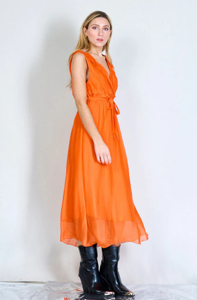 BZNA Ibiza Kleid Orange Seidenchiffon langes Kleid mit Rüschen Seidenkleid