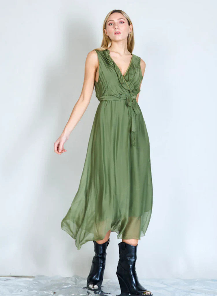 BZNA Ibiza Kleid Grün Seidenchiffon langes Kleid mit Rüschen Seidenkleid oneSize