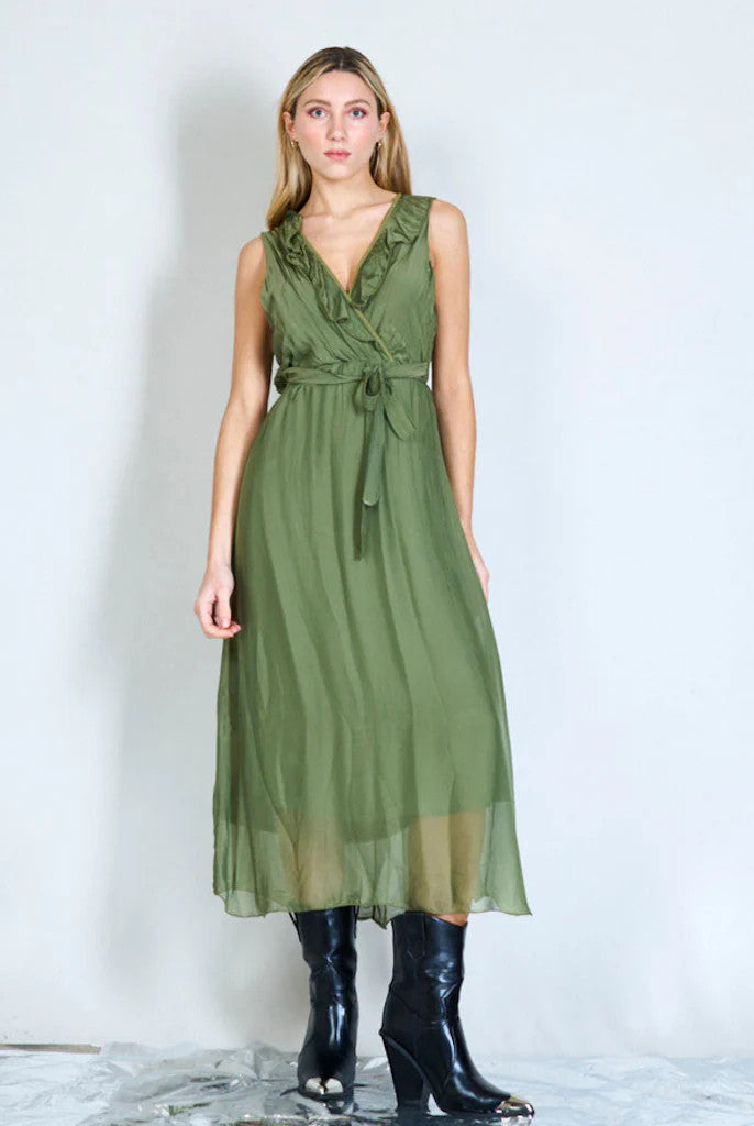BZNA Ibiza Kleid Grün Seidenchiffon langes Kleid mit Rüschen Seidenkleid oneSize