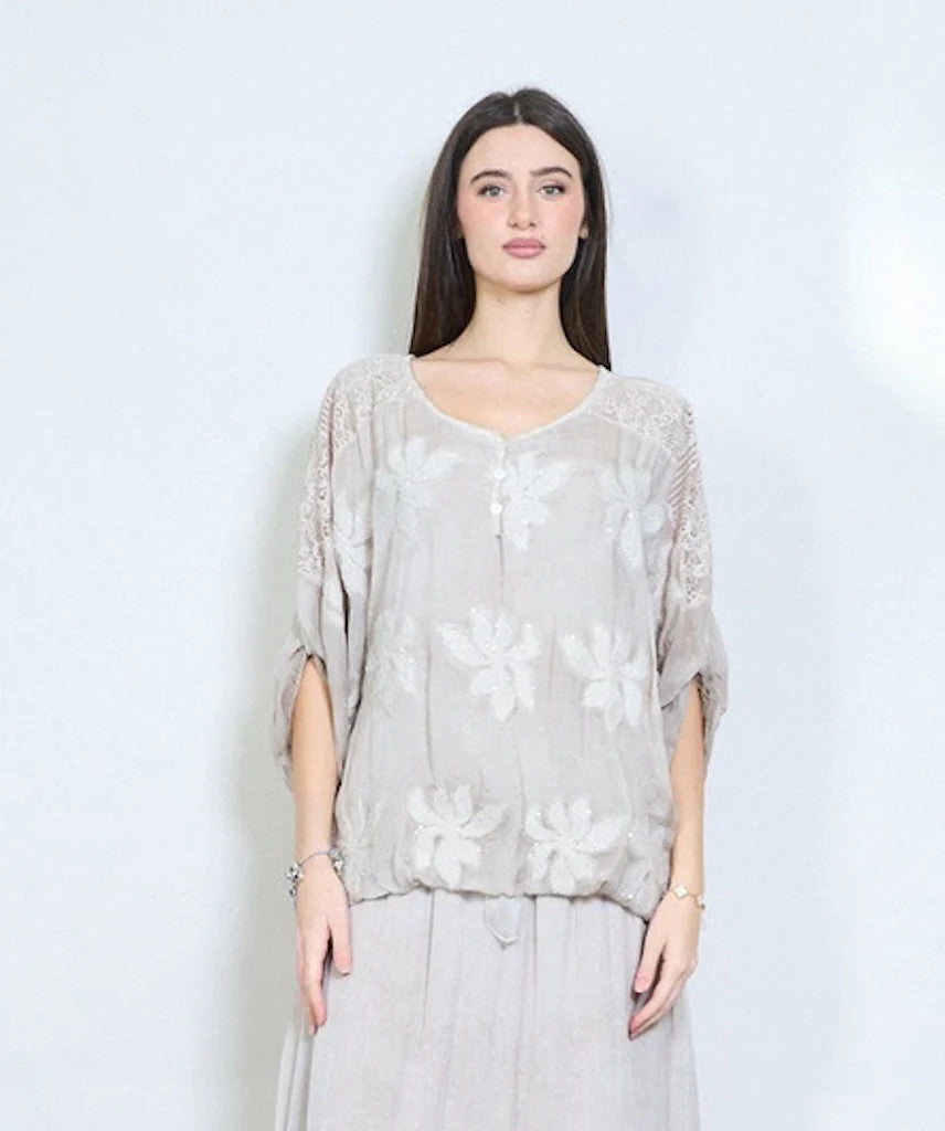 BZNA Bluse Tunika mit Seide Blumen bestickte Bluse und Spitze