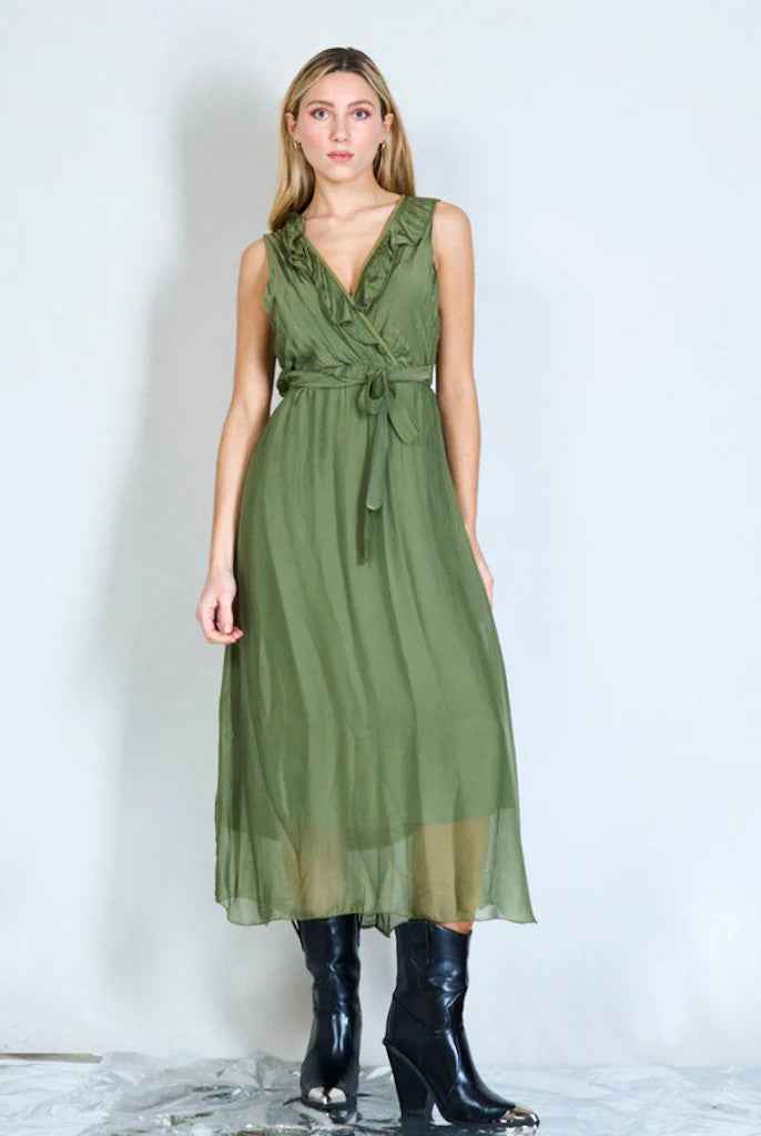 BZNA Ibiza Kleid Grün Seidenchiffon langes Kleid mit Rüschen Seidenkleid oneSize