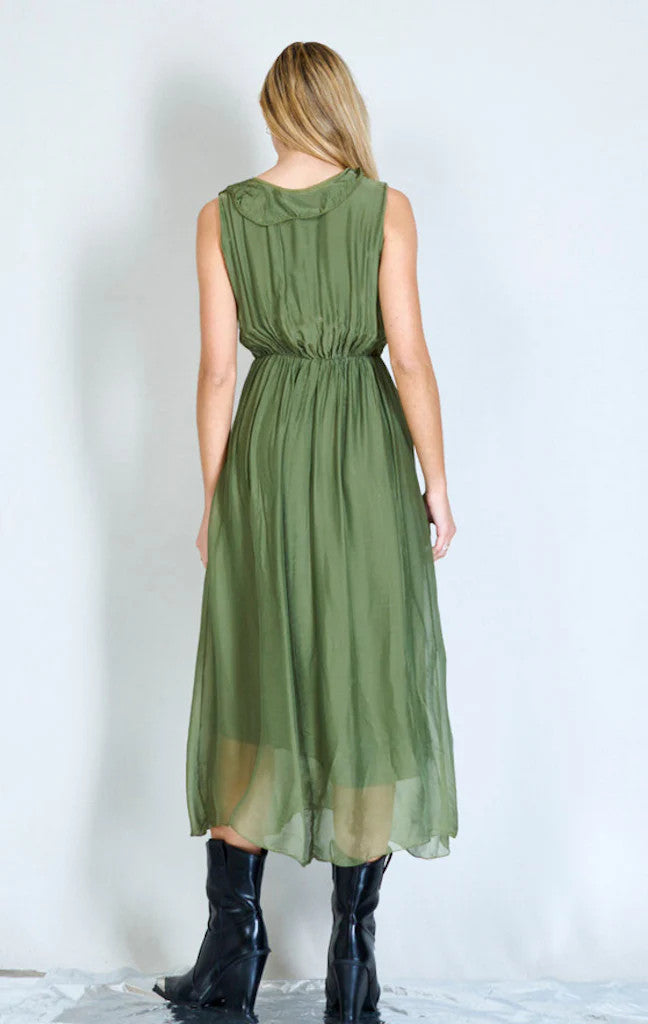 BZNA Ibiza Kleid Grün Seidenchiffon langes Kleid mit Rüschen Seidenkleid oneSize