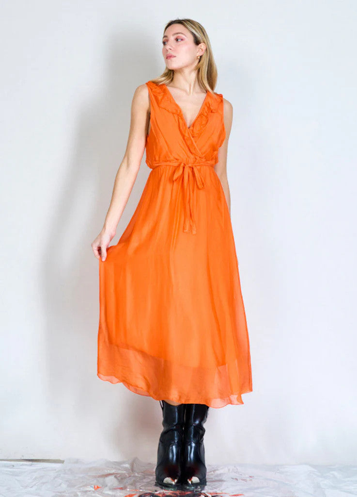 BZNA Ibiza Kleid Orange Seidenchiffon langes Kleid mit Rüschen Seidenkleid