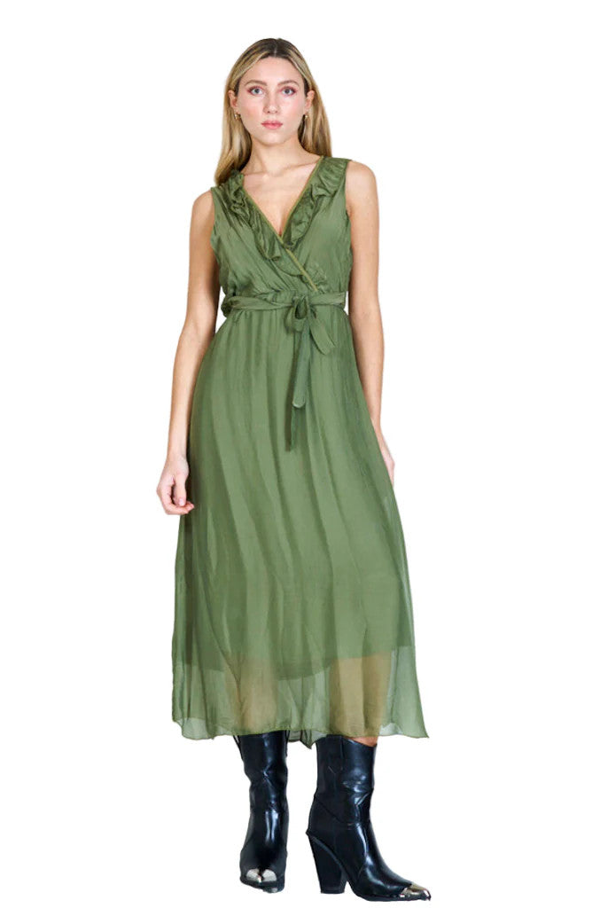 BZNA Ibiza Kleid Grün Seidenchiffon langes Kleid mit Rüschen Seidenkleid oneSize