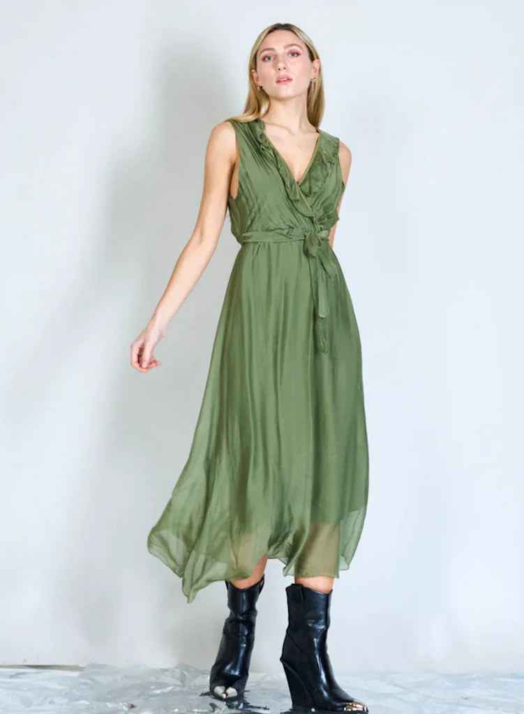 BZNA Ibiza Kleid Grün Seidenchiffon langes Kleid mit Rüschen Seidenkleid oneSize