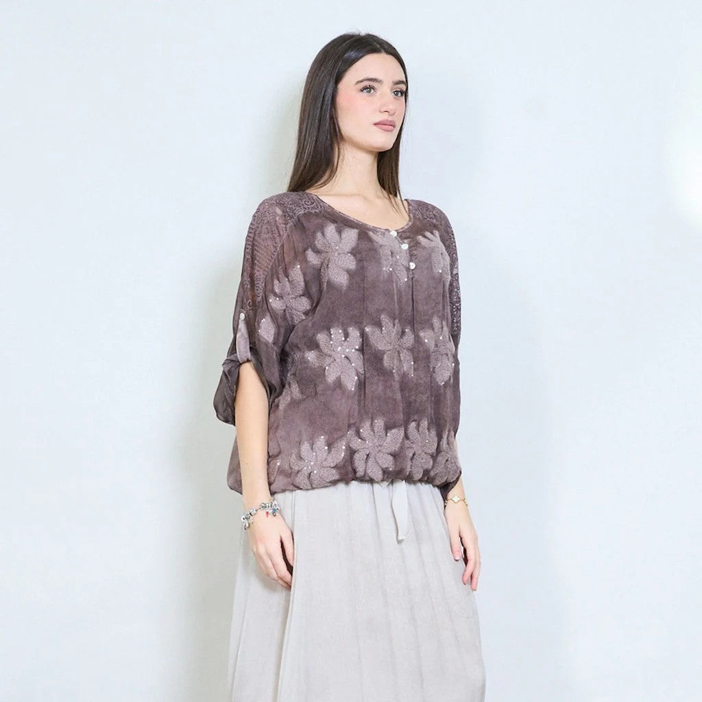 BZNA Bluse Tunika mit Seide Blumen bestickte Bluse und Spitze