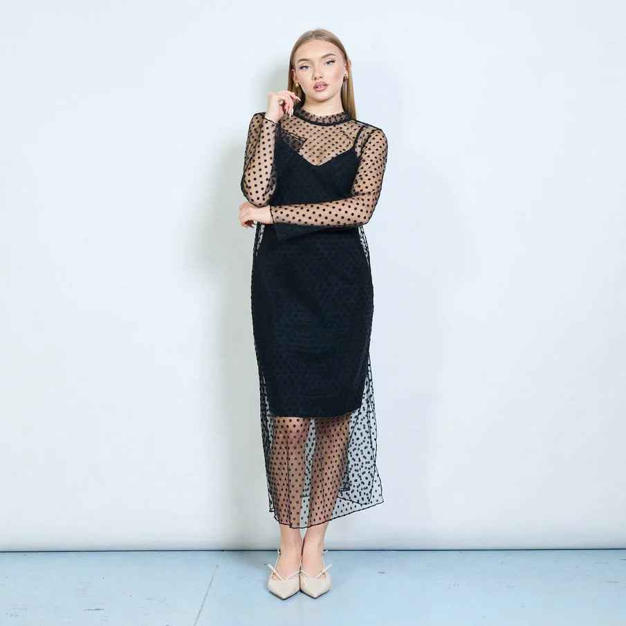 BZNA Kleid Langes Kleid aus durchsichtigem mehrlagigem Netzstoff mit Polka Dots
