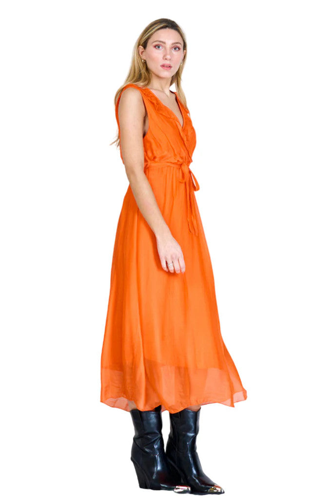 BZNA Ibiza Kleid Orange Seidenchiffon langes Kleid mit Rüschen Seidenkleid