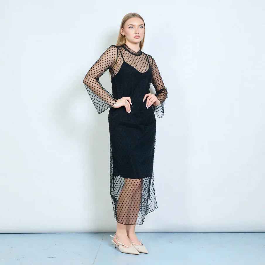 BZNA Kleid Langes Kleid aus durchsichtigem mehrlagigem Netzstoff mit Polka Dots