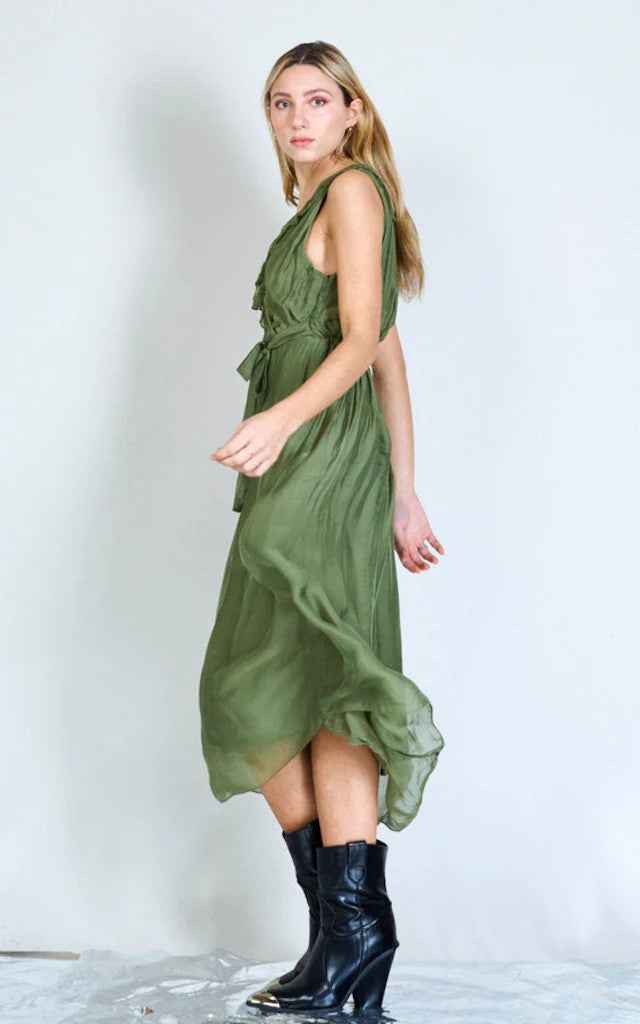 BZNA Ibiza Kleid Grün Seidenchiffon langes Kleid mit Rüschen Seidenkleid oneSize