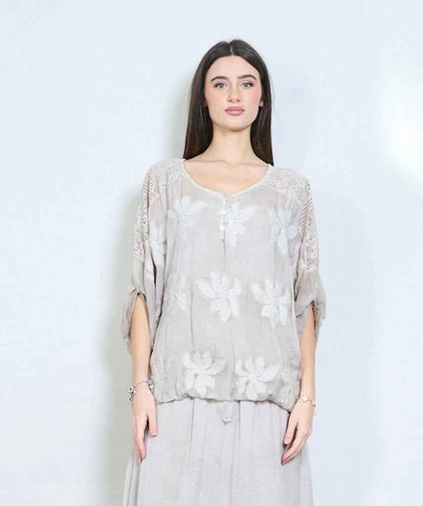 BZNA Bluse Tunika mit Seide Blumen bestickte Bluse und Spitze