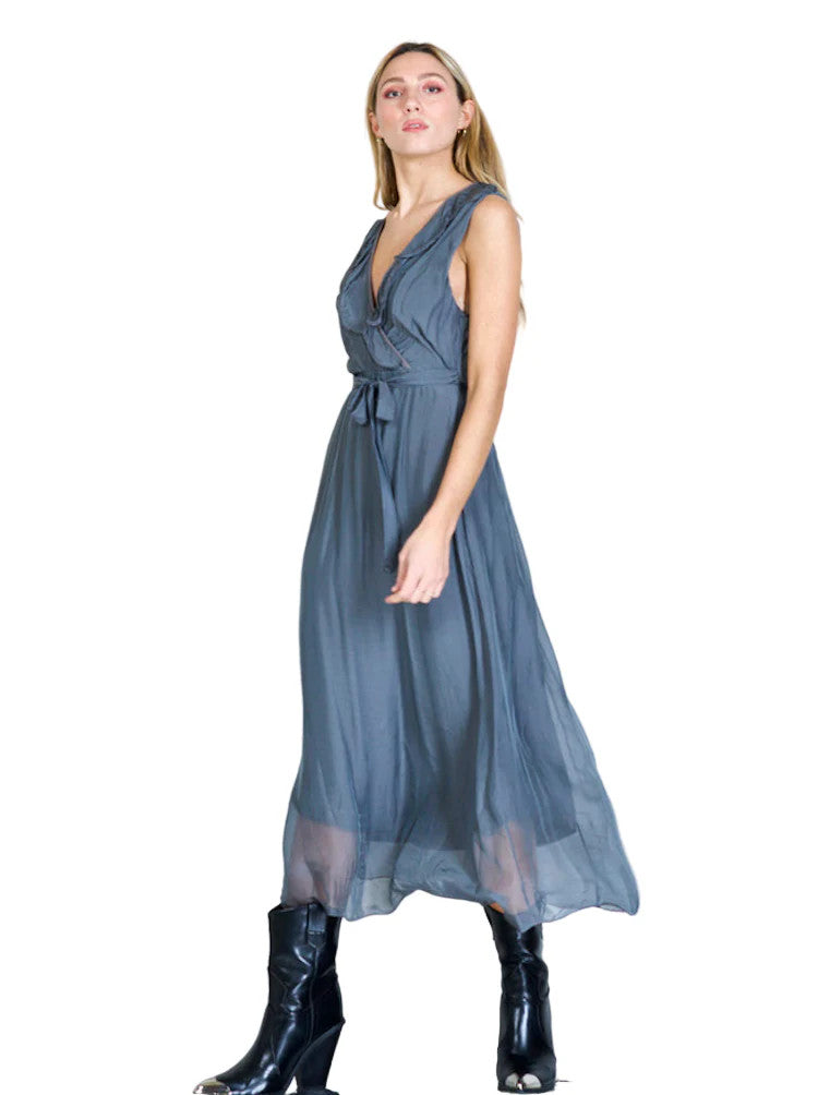 BZNA Ibiza Kleid Grau Seidenchiffon langes Kleid mit Rüschen Seidenkleid oneSize