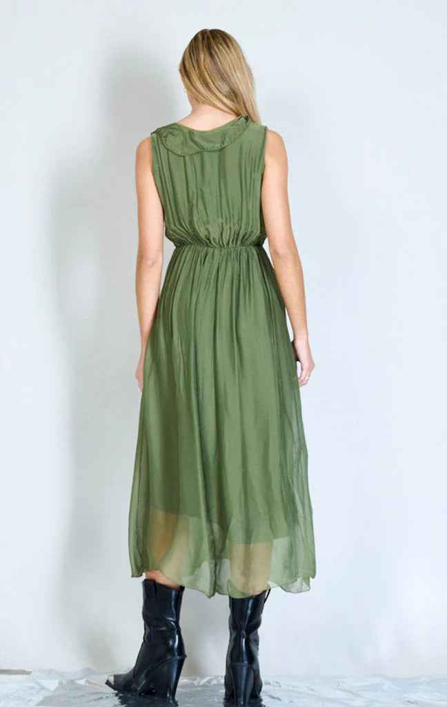 BZNA Ibiza Kleid Grün Seidenchiffon langes Kleid mit Rüschen Seidenkleid oneSize