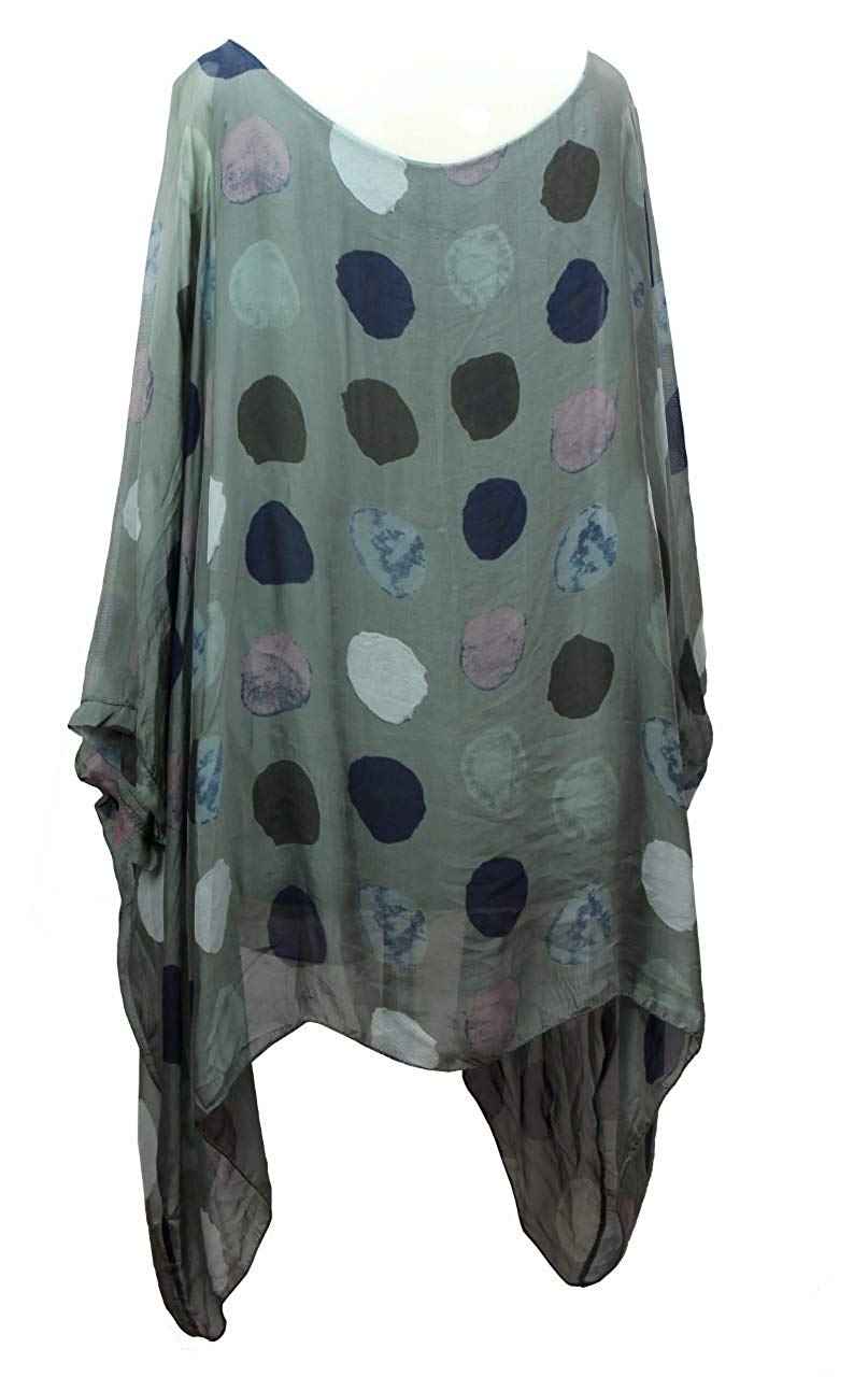 BZNA Seiden Tunika Verde Grün Bluse mit Punkten pünktchen Muster Seidentunika Fledermaus Ärmel 38 40 42 44 46 one size Damen Dress Oberteil elegant