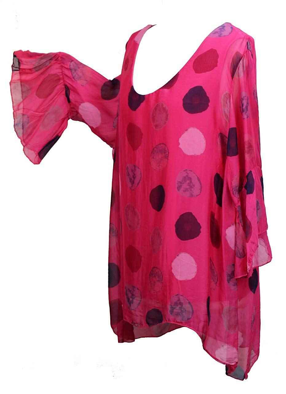 BZNA Seiden Tunika Fuxia Pink Bluse mit Punkten pünktchen Muster Seidentunika Trompeten Ärmel 36 40 42 one size Damen Dress Oberteil elegant