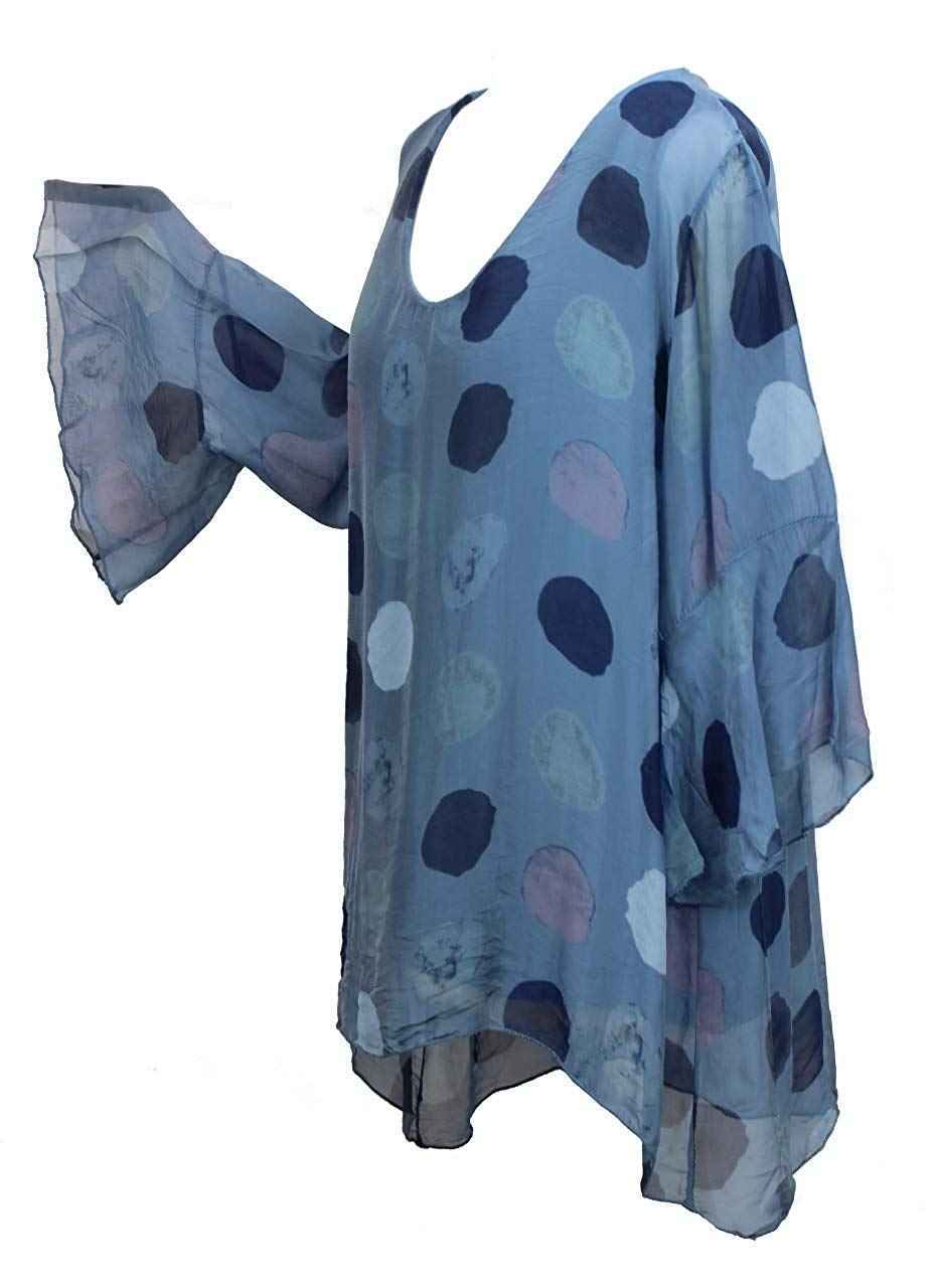BZNA Seiden Tunika Blau Bluse mit Punkten pünktchen Muster Seidentunika Trompeten Ärmel 36 40 42 one size Damen Dress Oberteil elegant