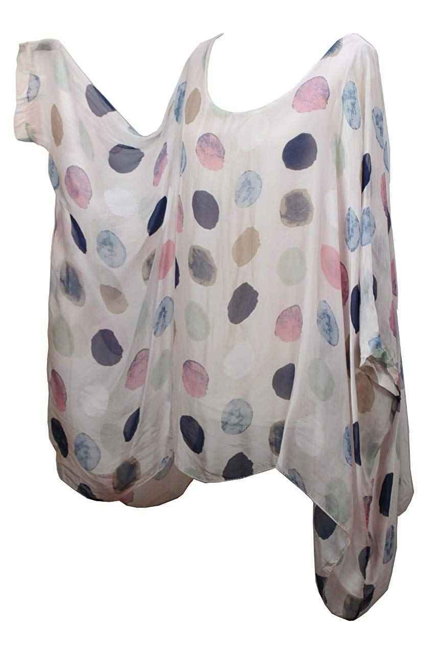 BZNA Seiden Tunika Rosa rose Bluse mit Punkten pünktchen Muster Seidentunika Fledermaus Ärmel 38 40 42 44 46 one size Damen Dress Oberteil elegant