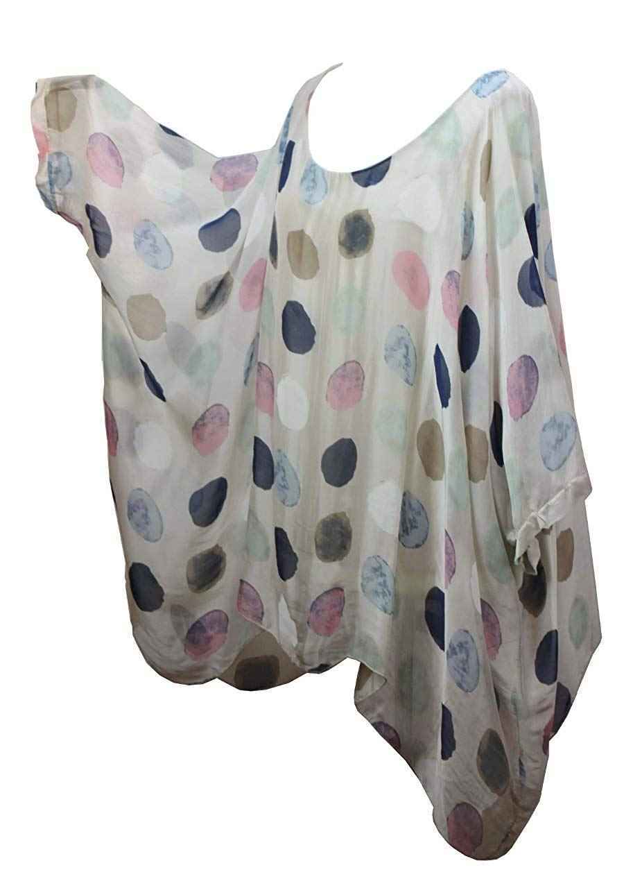 BZNA Seiden Tunika Beige Bluse mit Punkten pünktchen Muster Seidentunika Fledermaus Ärmel 38 40 42 44 46 one size Damen Dress Oberteil elegant