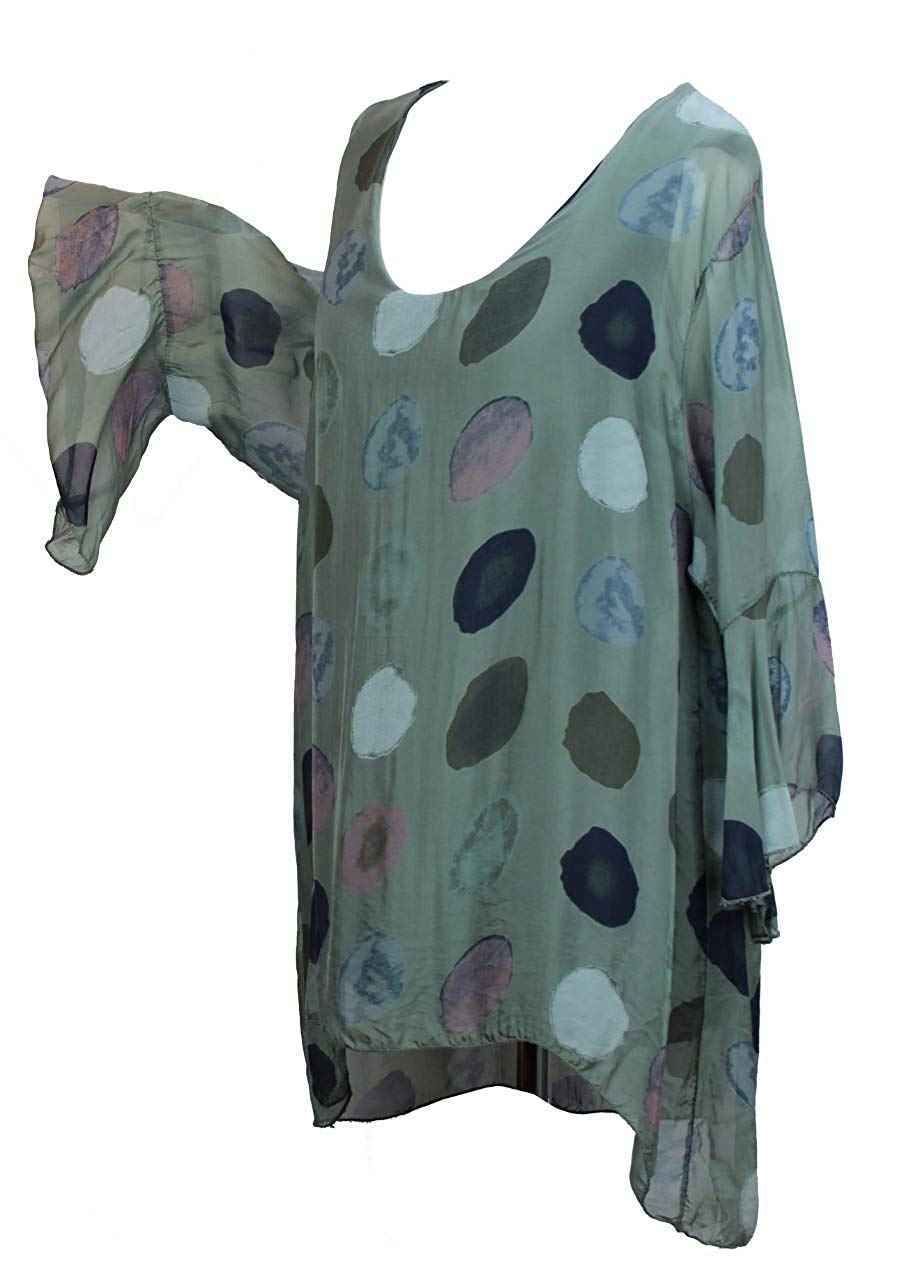 BZNA Seiden Tunika Verde Grün Bluse mit Punkten pünktchen Muster Seidentunika Trompeten Ärmel 36 40 42 one size Damen Dress Oberteil elegant