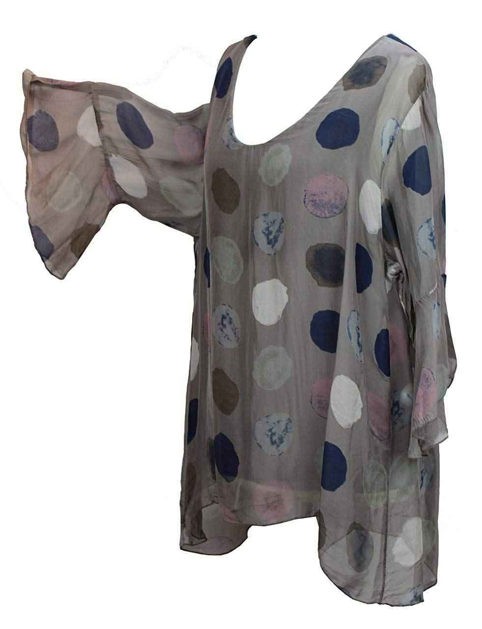 BZNA Seiden Tunika Taupe Bluse mit Punkten pünktchen Muster Seidentunika Trompeten Ärmel 36 40 42 one size Damen Dress Oberteil elegant