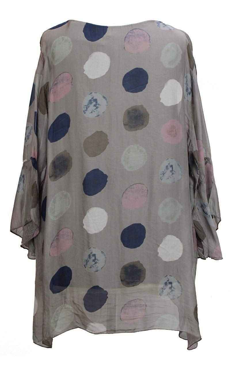 BZNA Seiden Tunika Taupe Bluse mit Punkten pünktchen Muster Seidentunika Trompeten Ärmel 36 40 42 one size Damen Dress Oberteil elegant