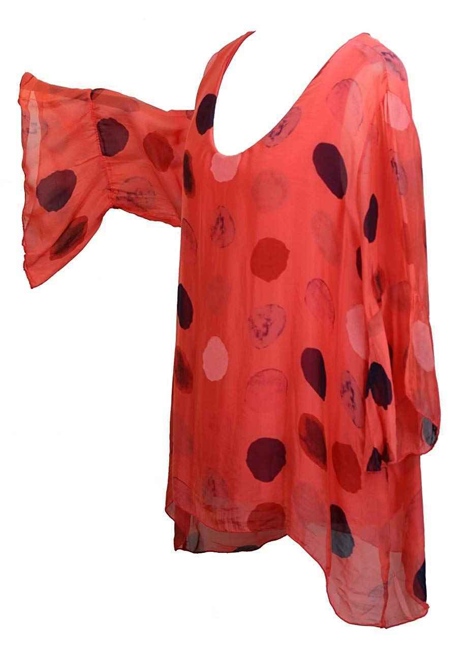 BZNA Seiden Tunika Aprikot Bluse mit Punkten pünktchen Muster Seidentunika Trompeten Ärmel 36 40 42 one size Damen Dress Oberteil elegant
