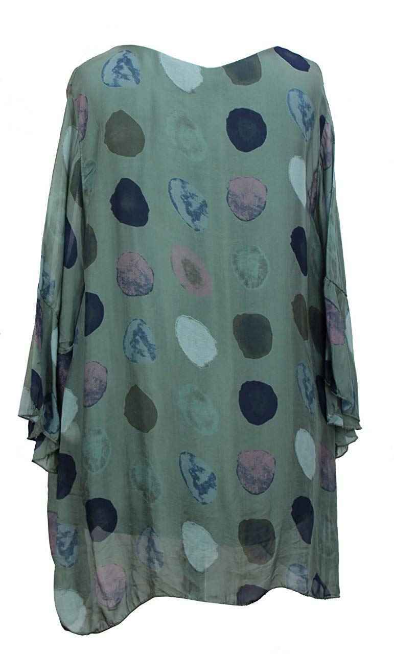 BZNA Seiden Tunika Verde Grün Bluse mit Punkten pünktchen Muster Seidentunika Trompeten Ärmel 36 40 42 one size Damen Dress Oberteil elegant