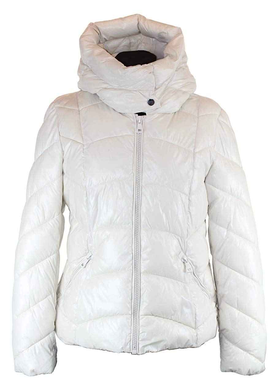 BZNA Weiß glänzend warm Größe: M/L Damen Kragen Kapuzenjacke gefüttert Winterjacke Parka Steppjacke mit Kapuze warm & Winddicht