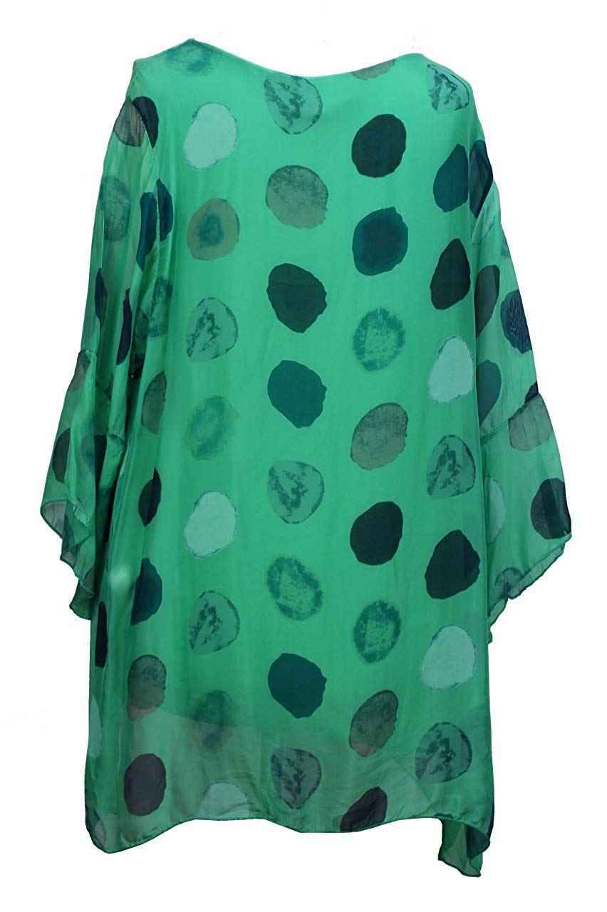 BZNA Seiden Tunika Grün Bluse mit Punkten pünktchen Muster Seidentunika Trompeten Ärmel 36 40 42 one size Damen Dress Oberteil elegant