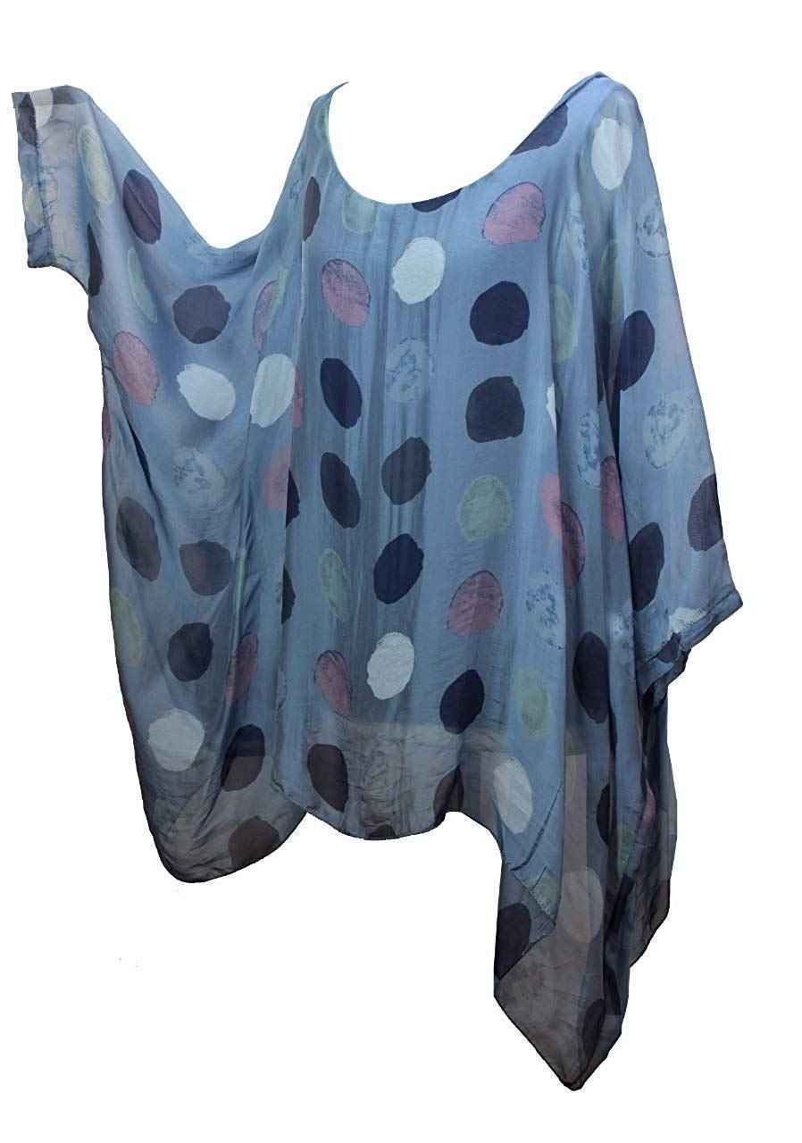 BZNA Seiden Tunika Blau Bluse mit Punkten pünktchen Muster Seidentunika Fledermaus Ärmel 38 40 42 44 46 one size Damen Dress Oberteil elegant