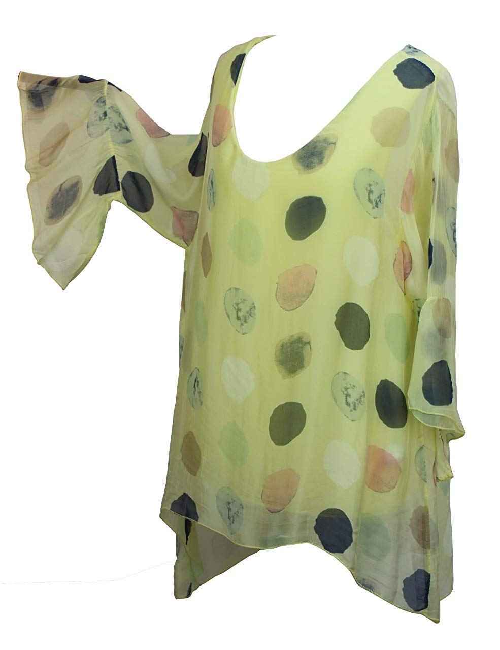BZNA Seiden Tunika Gelb Bluse mit Punkten pünktchen Muster Seidentunika Trompeten Ärmel 36 40 42 one size Damen Dress Oberteil elegant