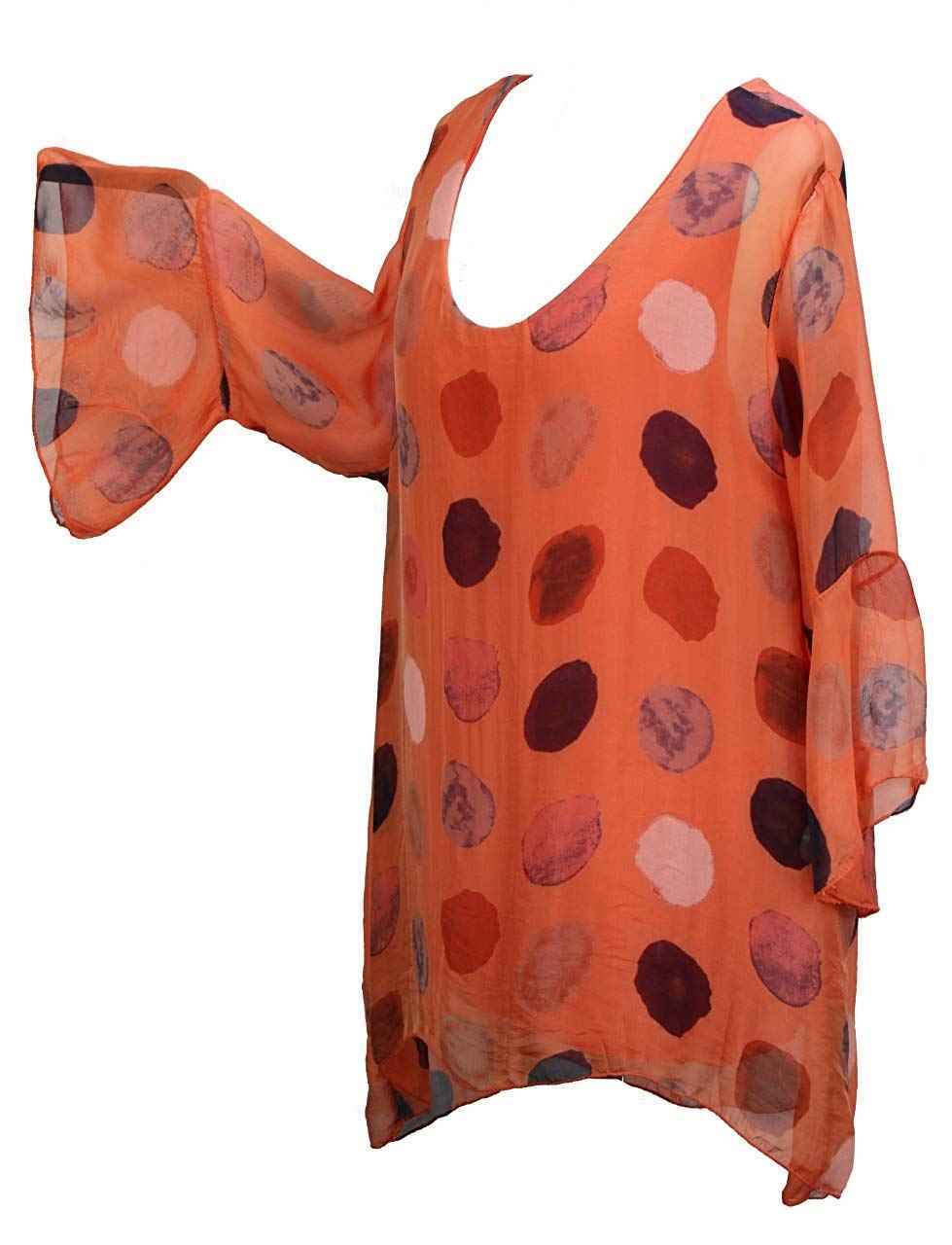 BZNA Seiden Tunika Orange Bluse mit Punkten pünktchen Muster Seidentunika Trompeten Ärmel 36 40 42 one size Damen Dress Oberteil elegant